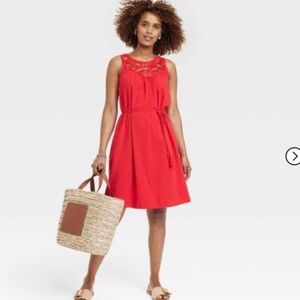 Knox Rose Wide Strap Berry Red Embroidery Bodice Tassel Tie Pockets A-Line Style